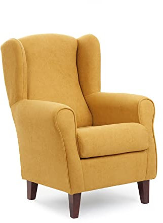 Sillonea - Ohrensessel Rom, Kleiner Sessel für Wohnzimmer, einzelner Lesesesessel, ideal zum Fernsehen/Lesen, Maße: 100 x 74 x 77 cm, mit schmutzabweisendem Stoff bezogen. (Senfgelb, Nussbaum)