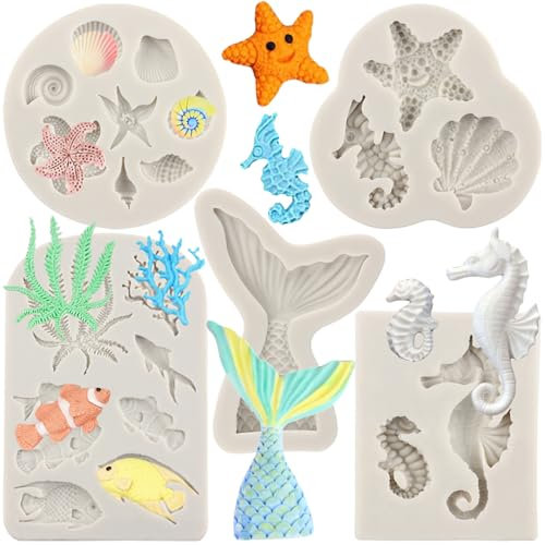 Sijiangmold Meerjungfrauen-Thema, Kuchen, Fondant, Seetang, Fisch, Muschel, Koralle, Meerjungfrauen-Schwanz, Silikonform für Kuchendekoration, Süßigkeiten, Schokolade, Basteln, Polymer-Ton, 5 Stück