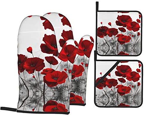 Lot de 4 maniques et maniques en forme de coquelicot rouge : pour la cuisine, la cuisson, la cuisson, les grillades, la chaleur, lavables