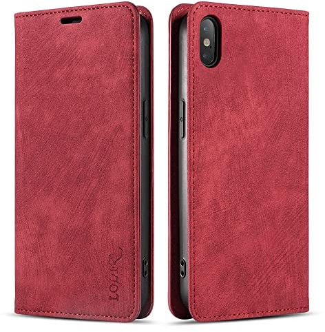 LOLFZ Wallet Case for iPhone X/iPhone XS, Premium Slim PU Leather Case Card Slots Stand Function Magnetic Protective Flip Case Cover Compatible with Apple iPhone X/XS - Red