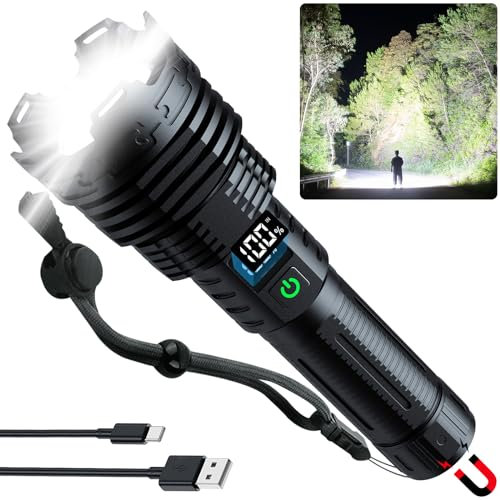 ALSTU Lampe de poche rechargeable haute lumens LED : 900 000 lumens, lampe torche tactique puissante avec base magnétique, affichage numérique, 5 modes, lampes de poche étanches IPX6 pour les urgences