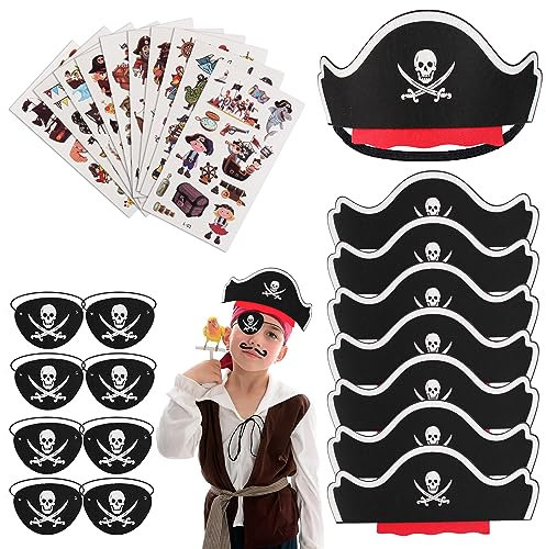 Piraten Kindergeburtstag Set 8 pcs Piratenhut Kinder 8 pcs Augenklappe Pirat Filz Augenmaske 10 pcs Piraten Tattoos Schädel Piraten Hut Accessoires für Geburtstag Halloween Maskerade Piratenparty