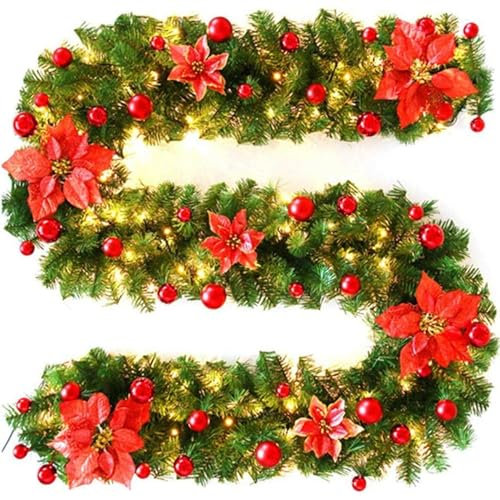 Weihnachtsgirlande,Weihnachtsgirlande mit Beleuchtung, 270 cm künstlicher Weihnachtskranz, weihnachtsdeko tannengirlande Künstlich Girlande für Inneneinrichtung Haus Treppen Kamin Haustür Innen Außen