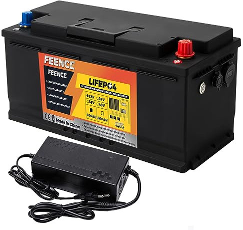 FEENCE 12V 100Ah LiFePO4 Batterie, Max 1280W Lithium Batterie 100ah mit integriertem BMS, 5000-15000 Mal Autobatterien, Unterstützung 4S4P, perfekt als Stromquelle für Wohnmobile Camping