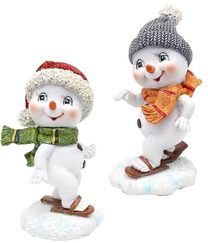 Dekohelden24 Schneekinder mit Mütze und Schal in rot-grau mit Skier, als 2er Set, L/B/H 5,5 x 6,8 x 11 cm