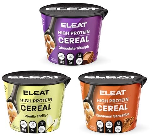ELEAT Protein Cereal Pots Bundle - 24 x 50g Breakfast Pots - 8 x Chocolate, 8 x Cinnamon, & 8 x Vanilla 50g pots - Healthy Cereal, Pre & Post Workout - Low Sugar, Vegan, Gluten-Free