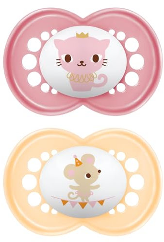 MAM Original Beruhigungssauger 6+ Monate (2er-Set) MAM Schnuller 6-16 Monate mit kiefergerechtem Silikon Sauger 2er Set mit praktischem Sterilisator-Schnullerhalter, Pink/Orange