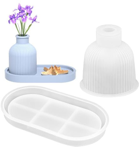 AMJKEJI Silikonformen Vase, Gießform Vase Silikon Epoxy Resin Moulds Vase Formen zur DIY Herstellung von Stifthaltern, Vasen mit ovalem Tablett (Vase + Ständer)