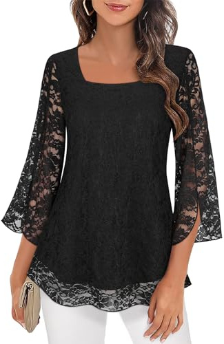 Syphiby Blusas para mujer, con volantes, manga 3/4, holgadas, cuello cuadrado, gasa, camisas de malla de doble capa, tallas S-3XL, Encaje negro., XXXL