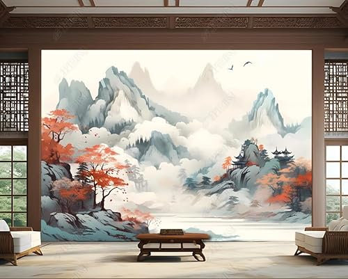 Vlies Fototapete Berge Seen Kiefern Waldtuschemalerei 300X210 Cm - Foto Tapete Schlafzimmer Wohnzimmer Moderne Vliestapete Xxl Wandtapete Motivtapeten Bildtapete 3D Effekt Wand Dekoration