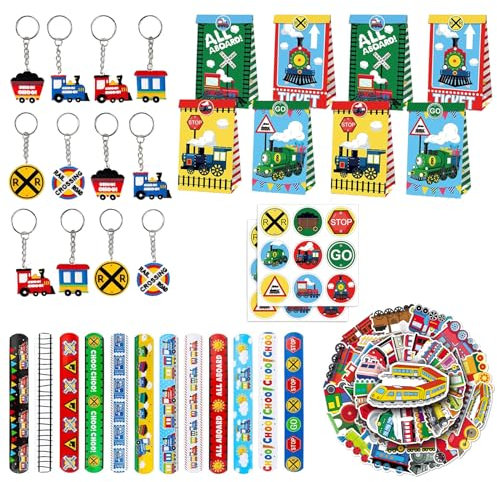 Yhjxly 86PCS Zug Party Mitgebsel, Zug Party Zubehör, Inklusive Zug Geschenktüten Schlüsselanhänger,Geschenktüten Slap Armbänder Schlüsselanhänger Aufkleber für Kindergeburtstag Tüten Verpacken