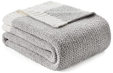 Snuggle Sac Feather Yarn Throw Blankets for Couch, Ultra Soft Warm Reversible Knitted Bedding Throw For Bed or Sofa, Lightweight, Travel, Throw/Single Size, 127x153cm, Grey