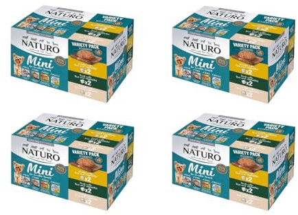 Naturo Mini Wet Dog Food Variety Pack, 6 Trays, 150g Each, Chicken, Duck, Turkey, Gluten-Free, 60% Meat, For Smaller Dogs (4 Boxes of 6)