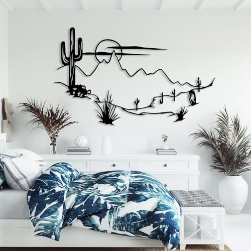 Cadeali Wüstenlandschaft Metall Wandkunst Metall Kaktus Wanddekoration Boho Wüste Wanddekoration Sonnenuntergang Wandkunst Südwestliches Zeichen für Zuhause Wohnzimmer Schlafzimmer (Schwarz, 119,4 cm