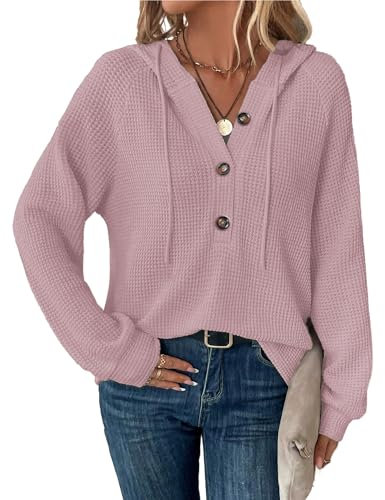 SENBATU Sweat à Capuche Femmes Manches Longues boutonné Pull col en V Hoodie Cordon Sweat Shirt Rose Clair Grand