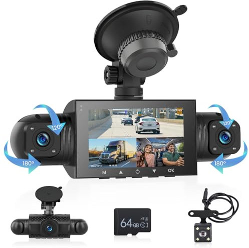 Hodozzy 360° Dash Cam Front and Rear Inside,4 Channel HD 4 * 1080P Dashcam for Cars,3 inch Car Camera with Parking Monitor, Night Vision, G-Sensor, Loop Recording, Wide Angle, 64GB Card