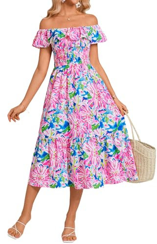 GRACE KARIN Vestito Donna a Fiori con Scollo Quadrato Elastico, Linea ad A e Lunghezza Media, Stile Casual CL15-03/Sfondo Blu Fiori Rosa M