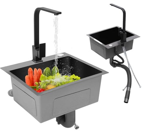 DAOHHFO 40x45cm Edelstahl Einbauspüle Küchenspül, Spüle Spülbecken Edelstahl mit 180° Drehbar Armatur, Armatur Ablaufgarnitur, Seifenspender, Spüle Küche 1 Becken
