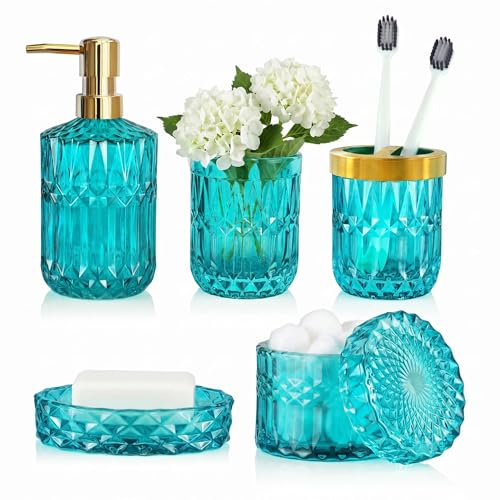 LaMarriti Teal Bathroom Accessorries Set, 5Pcs Glass Bathroom Set | Soap Dispenser and Toothbrush Holder Set, Soap Dish, Tumbler, QTips Holder Modern Bathroom Sink, Bathroom Decor