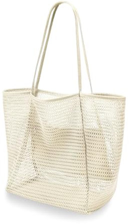MorLuks Mesh Strandtasche Beige XXL, Beach Bag, Strandtasche mit Reißverschluss Innentasche, Strand Tasche Damen, Badetasche Groß, Faltbare Netztasche Handtaschen Strandbeutel
