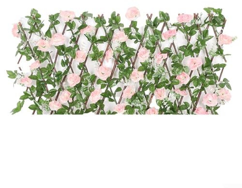 Treillis extensible en bois avec fleurs artificielles et feuilles pour décoration de jardin, clôture rétractable (rose clair)