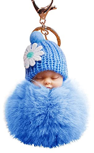 Jmwedia Adorable porte-clés bébé avec pompon et charme de sommeil - mignon pendentif de poupée en peluche pour sacs, sacs à dos et sac à main (8cm, placage de métal)
