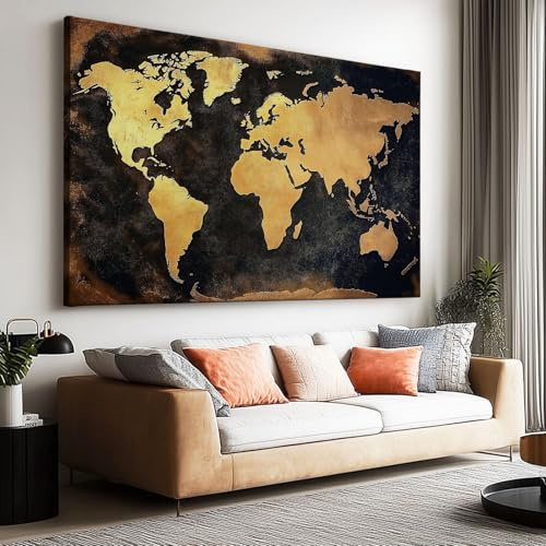 Großes Leinwandbilder Wandbilder Goldene Weltkarte.bild auf leinwand Wandkunst Modern Aesthetic XXL Kunstdruck Deko für Wohnzimmer Schlafzimmer Geschenk 160x80cm