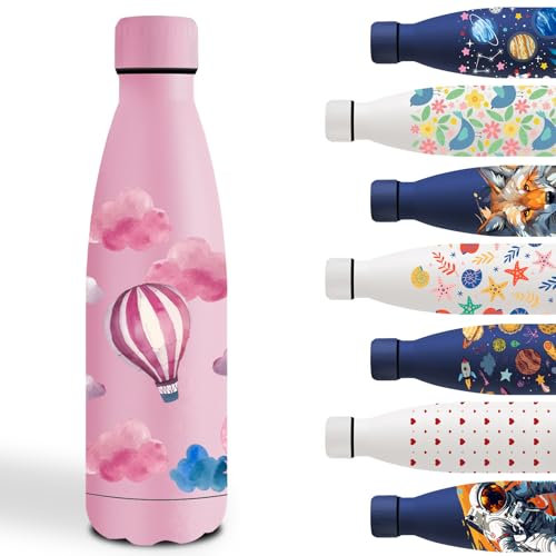 Gourde, 500ml Gourde Isotherme, Gourde Personnalisée avec des Ballon, Gourde Enfant Sans BPA, Facile à Nettoyer, Bouteille d'eau anti Fuite, Gourde Inox pour l'École, Bureau, Voyage, Sports, Rose