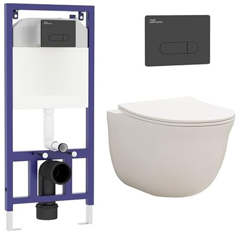 Royal Bathrooms Contemporary Wall Hung Rimless Toilet with Cistern Quick Release Slim Soft Close Seat Round Shape Bathroom & Aqua Black Plate Wall Hung Frame - Divine