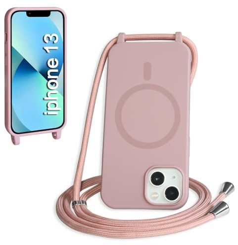 FMPCUON Magnetisch Handykette für iPhone 13 Hülle,Necklace Hülle mit Bands Handyhülle für zum Umhängen Kordel,kompatibel mit Magsafe Silikon Case mit Handykordel,Rosa