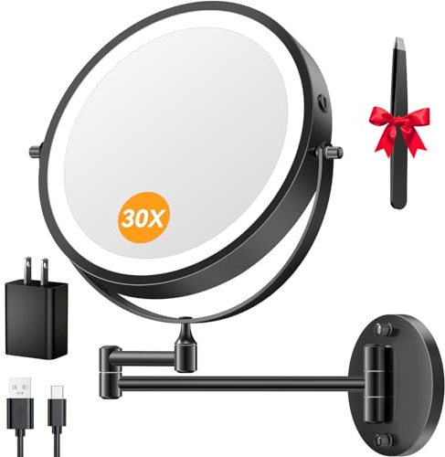 Auxmir 1X/30X Wandmontierter Make-up-Spiegel mit Licht, 5000 mAh, wiederaufladbarer Vergrößerungsspiegel, 22,9 cm doppelseitiger Spiegel, dimmbar, 3 Farben, 360° drehbar, faltbar, Netzadapter, schwarz