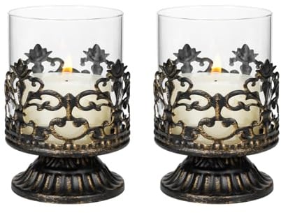 Staymoment Kerzenständer Schwarz Deko Gothic, 2er Set Vintage Windlichter | Kerzenhalter aus Metall und Glas, Landhausstil, Barock Dekoration, Deko für Wohnzimmer, Fensterdeko, Windlichter Halloween