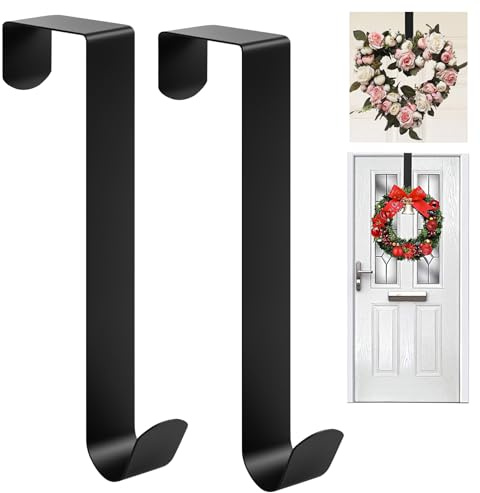 2 Pcs Christmas Wreath Hanger for Front Doors, 11.8 Over Door Wreath Hanger for Front Doors, wWreath Hooks Hangers, Black Metal Over the Door Hooks for Wreaths Home Wedding Christmas Decorations