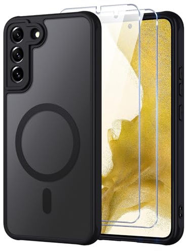 Oelrstfe Coque pour Samsung Galaxy S22+ / S22 Plus 5G Compatible avec MagSafe avec 2 Verre Trempé, Magnétique Etui Translucide Mat Arrière Housse, Protection D'objectif Ultra Fine Antichoc Case, Noir
