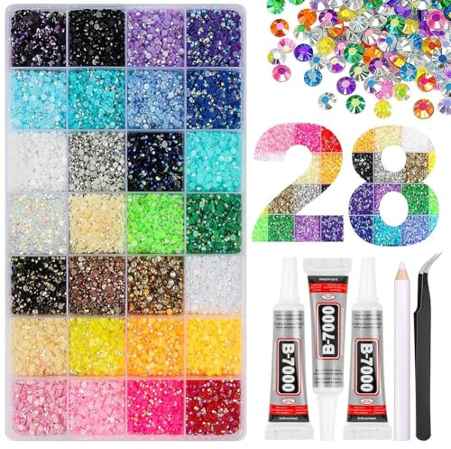 Lot de 32 000 strass en résine pour travaux manuels, 3 mm, bedazzling kit avec 3 pièces de colle, strass a coller pour vêtements, chaussures, nail art (28 couleurs)