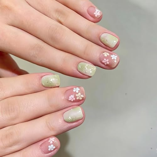24pcs Short Square False Nails Floral Design Green Ombre Press on Nails Nude Pink Stick on Nail Tips with Sparkly Foil Decor Removable Glue-on Fake Nail Art Accessories for Women Spring Summer Wear