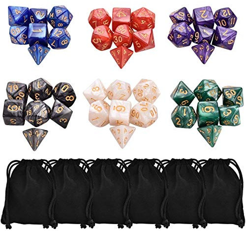 SanGlory 6 x 7 (42 Stück) Polyedrische Würfel Set mit 6 Stück Schwarz Beutel, Polyedrischer Spielwürfel für RPG Dungeons und Dragons Pathfinder 6 Set von d20 d12 2 d10 (00-90 und 0-9) d8 d6 und d4