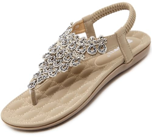 Acfoda Sandali Donna Estive Comodi Ortopedico Strass Bohemia Infradito da Spiaggia Bassi Flip Flop Eleganti Scarpe Beige 44