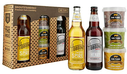 Mr Tubs Premium Pork Crackling & Beer Gift Set - 3 x Crackling Flavour Tubs & 2 x 500ml Beer - Pork Scratchings Meat Snack with Real Ale (Twisted Spire & Old Henry), from Award-Winning UK Brewery