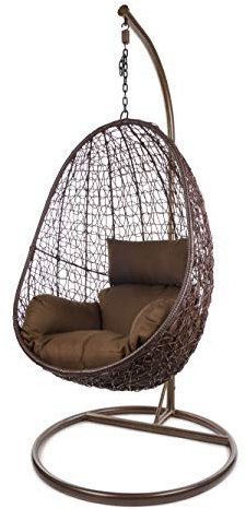 Kideo Komplettset: Hängesessel mit Gestell & Kissen, Korbsessel, Poly-Rattan (Gestell- und Korbfarbe: braun, Kissen: Dunkelbraun Nest (7790 Chocolate))