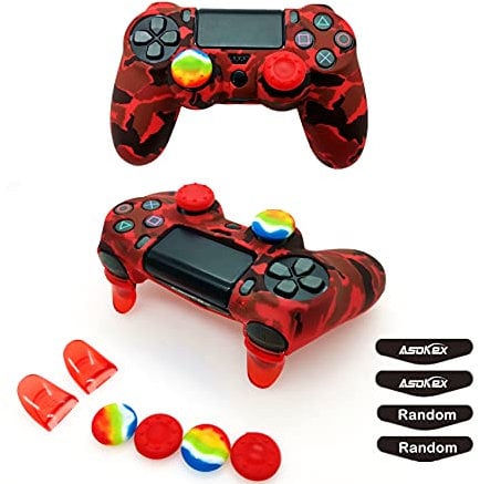 Silikon-Schutzhülle für PS4 Controller (1 x rutschfeste Hülle, 1 Paar L2 R2 Trigger Extender, 4 Daumengriffe, LED-Lichtleisten-Aufkleber) Schutz DualShock PS4/Slim/Pro (rote Tarnung)