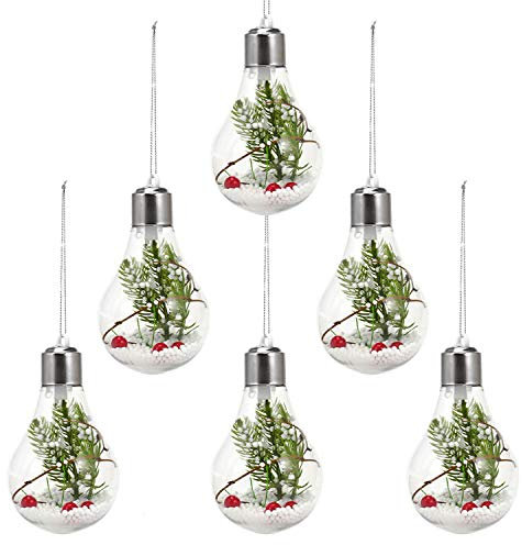 Sentik 6 Pack Light Up Bulb Shape Christmas Tree Baubles Colour Changing LED Hanging Xmas Tree Decorations Clear Transparent Ball with Faux Snow Decoration