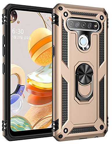 BestST Handyhülle für LG K61/LG Q61/LG Q630 + Displayschutz, Cover für LG K61/LG Q61/LG Q630 hülle, 360 Grad Drehbar Ringhalter Handytasche Case für LG K61/LG Q61/LG Q630 Handy Hüllen,Gold