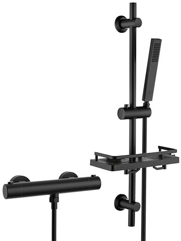 JOHO U-Thermostatarmatur Rund Duscharmatur mit Duschstangen-Set, Thermostat-Brausebatterie mit Brausegarnitur, Mischbatterie + Edelstahl Brausestangeset 70cm mit Handbrause Matt Schwarz