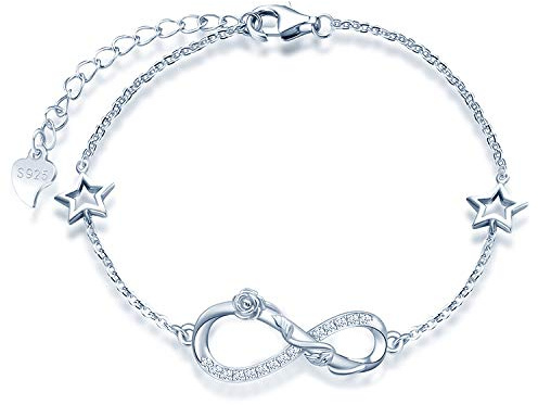 MicLee Bracelet de femme fille, bracelet en Argent 925, bracelet de symbole infini et de rose, avec l'étoile creuse, Zircon incrusté, Chaîne ajustable, bracelet de fleur