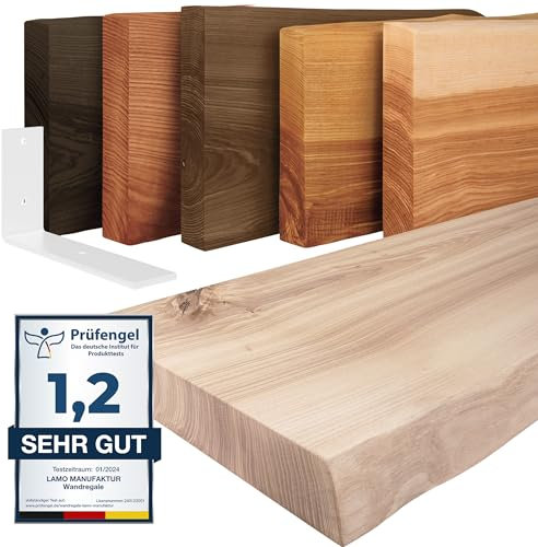 LAMO Manufaktur Wandregal Holz Baumkante | Regal Farbe: Roh | mit weißem Basic Regalträger | 120 cm