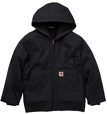 Carhartt Boys' Flannel-Lined Hooded Canvas Insulated Zip-Up Jacket, Caviar Black, Small (7/8)