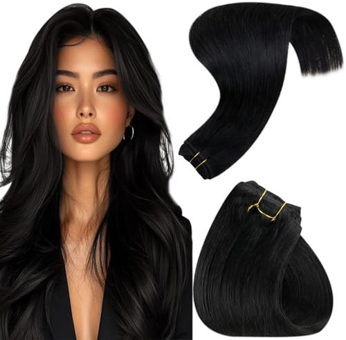 Hetto Hair Extensions Real Human Hair Black Weft 100g 18 Inch Remy Straight Natural Black Sew in Hair Extensions Invisible Double Weft Weave #1