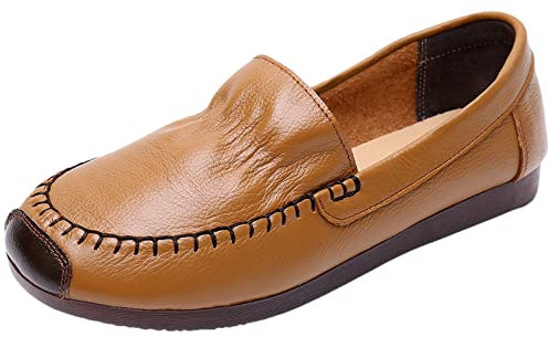 Jamron Mujer Piel Genuina Mocasines Anchos Bailarinas Suela Blanda Ligero Cómodo Zapatos para Caminar sin Cordones Bronceado EU39.5