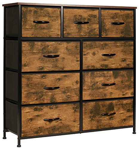 LYNCOHOME Kommode, Schlafzimmerschubladen, Stoffkommode mit Holzplatte und großem Stauraum, einfach zu montieren, für Schlafzimmer, Wohnzimmer, Kinderzimmer, Schrank (Sepia-Druck, 9 Schubladen)